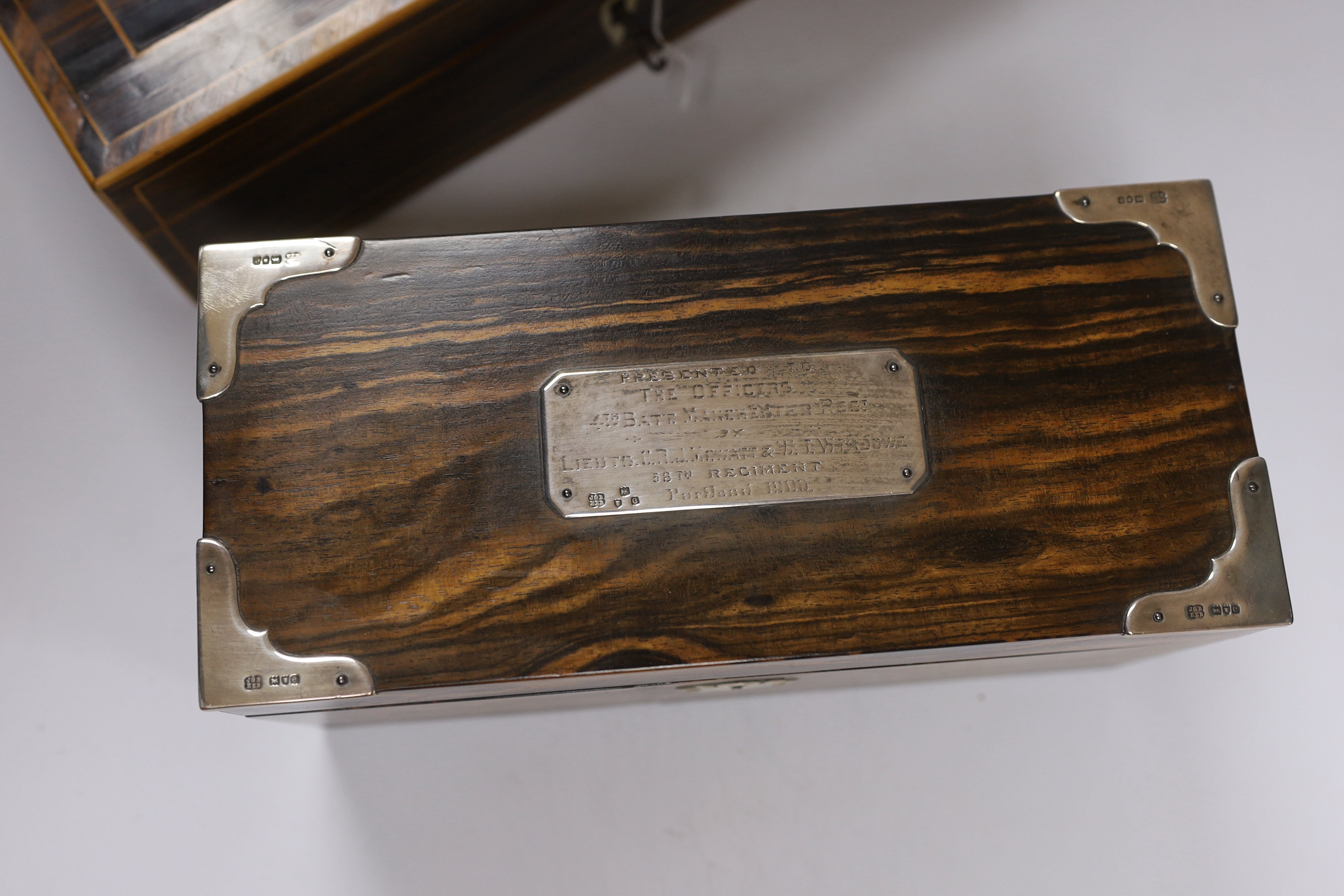 A 19th century coromandel writing slope with bone lock escutcheon and a Victorian silver mounted stationery box, largest 30cm wide